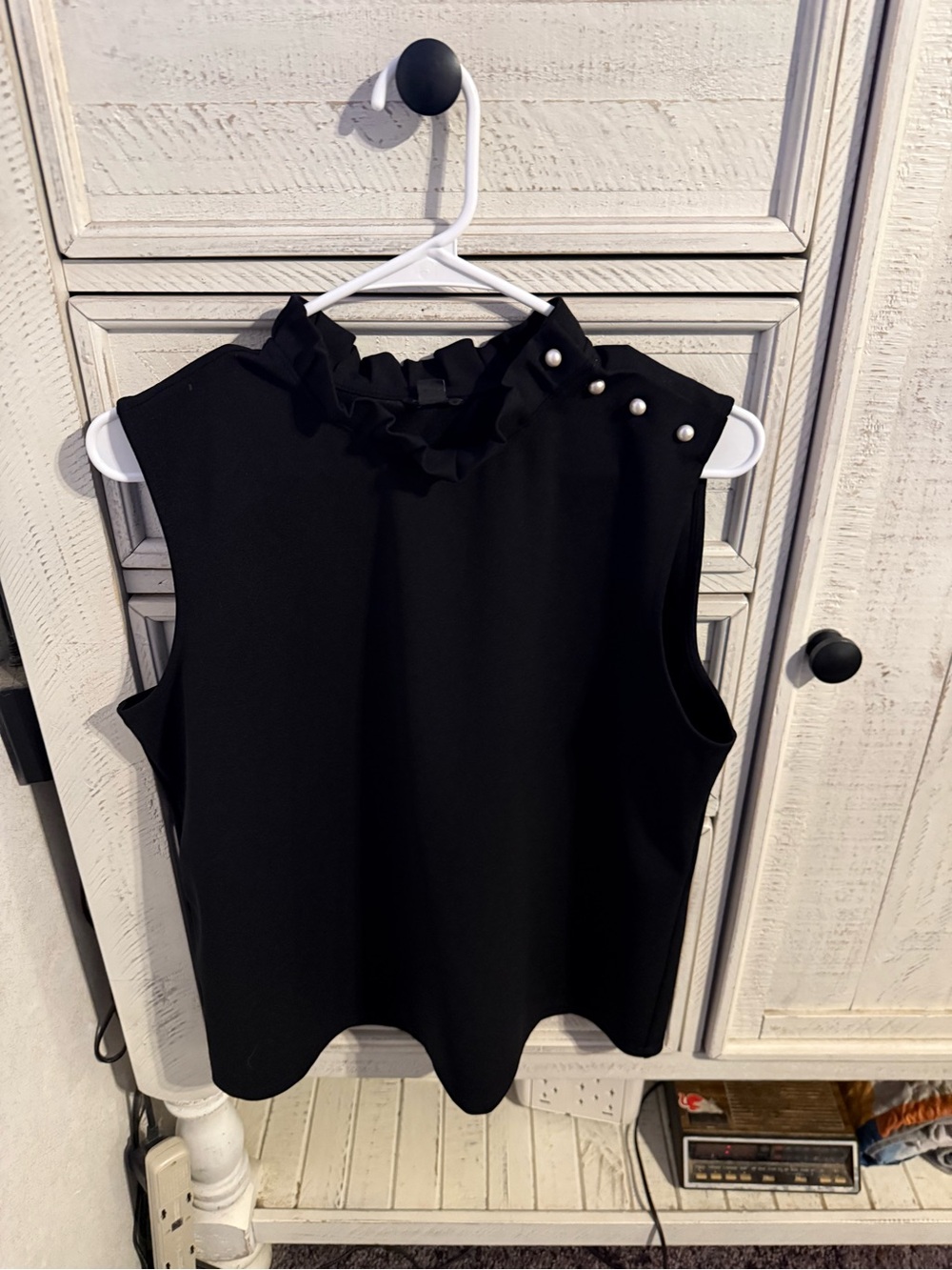 Ann Taylor Black Sleeveless Ruffle Neck Top with Pearl Shoulder Accents